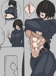 ! 1boy 1girl abs absurdres black_hair black_track_suit breasts clothes_lift covered_eyes highres jacket large_breasts leg_tattoo looking_at_another monochrome open_mouth original piercing plump short_hair speech_bubble tattoo teeth thought_bubble tongue_piercing track_jacket track_suit waving zokusuke