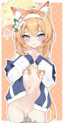 1girl 1other absurdres animal_ear_fluff animal_ears bar_censor blue_archive blue_eyes blush breasts censored collarbone cowboy_shot flower hair_flower hair_ornament halo headband highres jacket loli long_hair long_sleeves looking_at_viewer mari_(blue_archive) mari_(track)_(blue_archive) official_alternate_costume open_clothes open_jacket open_mouth orange_hair pov pov_hands pu_ht pussy_juice small_breasts solo_focus thighhighs track_jacket white_flower white_headband white_thighhighs yellow_halo
