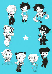 Rule 34 | 1girl, 6+boys, absurdres, anchor ornament, battle tendency, beanie, belt, blue theme, braid, chain, chibi, chibi only, commentary, commentary request, compass rose, crop top, diamond wa kudakenai, dixie cup hat, double bun, family, father and daughter, father and son, gakuran, giorno giovanna, grandfather and grandson, grin, hair bun, hair ornament, hat, heart ornament, higashikata josuke, higashikata josuke (jojolion), highres, horseshoe, horseshoe hat ornament, horseshoe ornament, jodio joestar, johnny joestar, jojo no kimyou na bouken, jojo pose, jojolion, jonathan joestar, joseph joestar, joseph joestar (young), kepi, kuujou jolyne, kuujou joutarou, ladybug ornament, long hair, long sleeves, m a a m 8, medium hair, military hat, monochrome, multiple boys, navel, parted bangs, phantom blood, pompadour, sailor, sailor collar, scarf, school uniform, shirt, shoes, short hair, short sleeves, shoulder pads, side braid, single braid, sitting, sleeveless, sleeveless shirt, smile, sneakers, standing, star (symbol), star hair ornament, stardust crusaders, steel ball run, stone ocean, striped clothes, striped scarf, teeth, the jojolands, time paradox, vento aureo, wariza