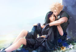 1boy 1girl apron armor black_gloves black_hair blonde_hair cloud_strife couple earrings final_fantasy final_fantasy_vii final_fantasy_vii_advent_children flower gloves high_collar highres jewelry long_hair looking_at_another midriff_peek red_eyes shorts shoulder_armor sitting spiked_hair spykeee square_enix tifa_lockhart twitter_username waist_apron watermark