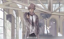 1boy absurdres ameinu coat collared_shirt glasses gun hair_between_eyes handgun highres holding holding_gun holding_weapon indoors looking_at_viewer male_focus necktie open_clothes open_coat original pants shirt short_hair solo watermark weapon weibo_username weibo_watermark window