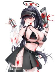 1girl alternate_costume alternate_hairstyle bare_shoulders belt black_belt black_bra black_choker black_hair black_halo black_hat black_skirt black_thighhighs blue_archive blunt_bangs blush bra breasts chest_harness choker cleavage collarbone commentary contrapposto detached_sleeves halo hands_up harness hat hezzu_0 highres holding holding_spray_can holding_tablet_pc id_card large_breasts long_hair looking_at_viewer millennium_science_school_logo navel one_eye_closed open_mouth paint_on_body paint_on_clothes paint_splatter paint_splatter_on_face pleated_skirt red_eyes rio_(blue_archive) see-through_clothes see-through_sleeves sideboob simple_background single_detached_sleeve skirt solo spray_can standing strap string_bra tablet_pc thighhighs underboob underwear very_long_hair visor_cap white_background wristband