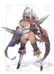 1girl baketsu black_thighhighs boots breasts cape cleavage covered_navel dark-skinned_female dark_elf dark_elf_swordswoman_(baketsu) dark_skin dual_wielding elf full_body highleg highleg_leotard highres holding knee_boots large_breasts leotard long_hair looking_at_viewer original pointy_ears red_cape simple_background solo thighhighs white_background white_boots white_hair white_leotard