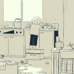 1boy absurdres avogado6 box child commentary_request dishwashing facing_away from_behind highres indoors monochrome on_box original pants shirt solo teapot tiptoes yellow_theme