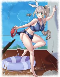 1girl :o absurdres angry bare_shoulders bikini bikini_bottom_pull blonde_hair blue_bikini blush breasts cleavage crab girls&#039;_frontline girls&#039;_frontline_2:_exilium green_eyes hair_between_eyes hair_ribbon hairband highres innertube leaning_forward legs long_hair medium_breasts navel neckerchief pulling_another&#039;s_clothes ribbon sharkry_(girls&#039;_frontline_2) sharkry_(swimsuit_idol)_(girls&#039;_frontline_2) side_ponytail solo standing standing_on_one_leg star-shaped_pupils star_(symbol) swim_ring swimsuit symbol-shaped_pupils thighs umbridled_ambition very_long_hair wet wet_clothes wet_swimsuit white_hairband white_ribbon
