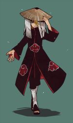 Rule 34 | 1boy, akatsuki uniform, blonde hair, blue eyes, deidara (naruto), forehead protector, full body, green background, hair over one eye, hat, jewelry, long hair, long sleeves, looking at viewer, male focus, naruto (series), naruto shippuuden, ninja, ring, shadow, simple background, solo, standing, straw hat, yosakuh