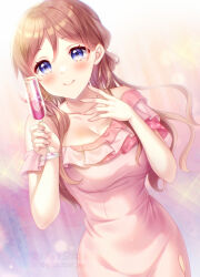 Rule 34 | 1girl, alcohol, artist name, blue eyes, blush, breasts, brown hair, champagne, champagne flute, cleavage, collarbone, cup, dress, drinking glass, dutch angle, gakuen idolmaster, himesaki rinami, holding, holding cup, idolmaster, large breasts, long hair, off-shoulder dress, off shoulder, pink dress, shizuki aya, smile, solo, twitter username, very long hair, watermark