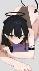 Rule 34 | 1girl, all fours, alternate form, arm strap, ass, black hair, black halo, black leotard, closed mouth, demon tail, gradient hair, grey background, hair between eyes, halo, highres, hololive, hololive english, ku roiko, leotard, long hair, looking at viewer, mole, mole under eye, multicolored hair, ninomae ina&#039;nis, orange hair, pointy ears, purple eyes, sidelocks, simple background, single bare arm, smile, solo, tail, tentacle hair, virtual youtuber