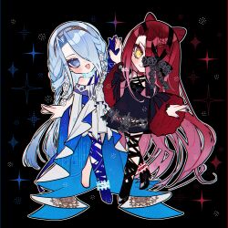 2girls absurdres arm_ribbon asymmetrical_legwear bare_shoulders black_background black_dress black_nails black_ribbon black_shrug blue_dress blue_eyes blue_hair braid choker closed_mouth clothing_cutout dress fate/grand_order fate_(series) floating frilled_sleeves frills full_body gradient_hair gradient_nails hair_between_eyes hair_ornament high_heels highres leg_ribbon long_hair long_sleeves looking_at_viewer multicolored_hair multiple_girls noa_pisces one_eye_covered open_mouth outline purple_nails red_hair ribbon shoes shrug_(clothing) simple_background smile star_(symbol) tachi-e twin_braids two-tone_dress typhon_ephemeros_(fate) typhon_ephemeros_(second_ascension)_(fate) typhon_epsilon_(fate) very_long_hair white_dress wide_sleeves yellow_eyes