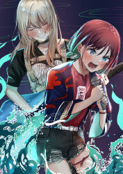 2girls absurdres belt black_choker black_shirt black_shorts blue_eyes blue_hair blue_haori blush brown_hair choker clenched_teeth closed_eyes commentary earclip electric_guitar girls_band_cry gradient_hair grey_hair guitar hair_between_eyes haori highres instrument iruru1 iseri_nina jacket japanese_clothes kawaragi_momoka kuuhaku_to_catharsis long_hair low_twintails multicolored_hair multiple_girls open_clothes open_jacket open_mouth playing_guitar playing_instrument red_shirt roots_(hair) shirt short_hair short_sleeves short_twintails shorts sweat teeth thigh_strap twintails white_belt