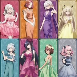 6+girls absurdres ahoge alternate_costume annette_(spy_kyoushitsu) aqua_dress arm_at_side arm_behind_back arms_at_sides bare_arms bare_back bare_shoulders belt black_gloves black_hair blonde_hair blue_dress blue_eyes blue_gloves blue_hair blush breasts brown_eyes brown_hair choker cleavage clenched_hand clenched_hands closed_mouth column_lineup dress drill_hair elbow_gloves erna_(spy_kyoushitsu) expressionless eyebrows_hidden_by_hair eyepatch eyes_visible_through_hair fang frilled_dress frills gloves green_dress green_eyes grete_(spy_kyoushitsu) grey_hair hair_over_one_eye hand_on_own_hip hand_up happy head_tilt head_wreath highres jewelry large_breasts light_blue_hair lily_(spy_kyoushitsu) long_dress long_hair looking_at_viewer looking_back medium_breasts monika_(spy_kyoushitsu) multiple_girls neck necklace off-shoulder_dress off_shoulder official_art open_mouth orange_dress pearl_necklace pink_choker pink_dress pink_hair purple_choker purple_dress purple_eyes red_eyes red_hair sara_(spy_kyoushitsu) serious short_hair short_sleeves sleeveless sleeveless_dress small_breasts smile spy_kyoushitsu standing strapless strapless_dress sybilla_(spy_kyoushitsu) thea_(spy_kyoushitsu) twin_drills twintails two_side_up very_long_hair white_choker white_gloves yellow_dress yellow_eyes