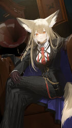 1girl animal animal_ear_fluff animal_ears arknights black_jacket black_pants black_vest brown_gloves bug butterfly closed_mouth commentary_request crossed_legs formal_clothes fox_ears fox_girl fox_tail gloves hair_between_eyes haruri highres insect jacket light_brown_hair long_hair long_sleeves looking_at_viewer orange_eyes pant_suit pants phonograph smile solo suit tail very_long_hair vest vulpisfoglia_(arknights)