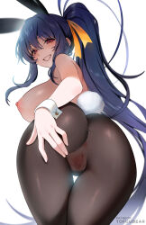 1girl animal_ears ass ass_focus black_hair blush breasts brown_pantyhose covered_anus covered_pussy fake_animal_ears fake_tail from_behind grin hair_ribbon high_school_dxd highres himejima_akeno large_breasts leotard long_hair looking_at_viewer looking_back nipples pantyhose playboy_bunny ponytail rabbit_ears rabbit_tail red_eyes ribbon sidelocks smile solo tail thighs tofuubear topless_female variant_set very_long_hair wrist_cuffs