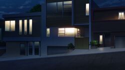 brick_wall bush cloud cloudy_sky dark dim_lighting fence garage highres house night no_humans non-web_source official_art our_life:_beginnings_and_always outdoors plant potted_plant road scenery sky stairs variant_set window wooden_wall