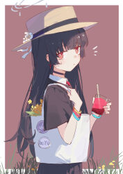 1girl absurdres alternate_costume bag bilibalakonglijiwa black_hair black_shirt blue_archive blush closed_mouth drink flower hat hat_flower highres holding holding_bag holding_drink looking_at_viewer miyu_(blue_archive) necktie red_eyes red_necktie shirt short_sleeves solo sun_hat sweat white_bag white_flower white_shirt yellow_hat
