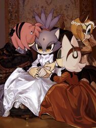 4girls alternate_costume amy_rose animal_ears animal_nose bat_ears bat_girl bat_wings black_coat black_eyeshadow black_hairband blaze_the_cat blue_eyes brown_dress brown_fur cat_ears cat_girl coat dress earrings eyelashes eyeshadow forehead_jewel full_body fur_trim furry furry_female hairband hedgehog_girl highres jewelry looking_at_viewer makeup marine_the_raccoon multiple_girls n_jiujiu99 pink_fur pink_hair ponytail purple_fur raccoon_ears raccoon_girl red_dress red_hairband rouge_the_bat sonic_(series) standing twintails white_dress white_fur white_hair wings yellow_eyes