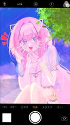 1girl bikini blue_eyes blue_jacket blue_sky breasts cleavage drawn_ears drawn_whiskers elf elysia_(honkai_impact) elysia_(miss_pink_elf)_(honkai_impact) elysia_(summer_miss_elf)_(honkai_impact) face_filter fake_phone_screenshot fake_screenshot hairband highres honkai_(series) honkai_impact_3rd jacket jewelry large_breasts necklace official_alternate_costume open_mouth pink_hair pointy_ears shell shell_necklace sky smile solo swimsuit uonvvvv white_bikini white_hairband