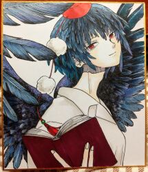 1girl bird_girl bird_wings black_feathers black_hair black_wings breasts collared_shirt feather_hair feathered_wings feathers hat holding holding_notebook long_neck looking_at_viewer medium_breasts notebook pom_pom_(clothes) red_eyes red_headwear shameimaru_aya shirt simple_background slit_pupils tengu tokin_hat touhou traditional_media white_background white_shirt whoru wings