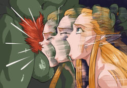 1boy 1girl afterimage blonde_hair dark-skinned_male dark_skin earrings fellatio forced ganondorf hand_on_another&#039;s_head hetero irrumatio jewelry motion_blur nintendo oral pointy_ears princess princess_zelda rape red_pubic_hair roxy_rex sex_slave tearing_up tears testicles the_legend_of_zelda
