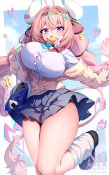 1girl absurdres ahoge animal_ears aqua_bow aqua_bowtie aqua_hair aqua_hairband bag bandaid bandaid_on_cheek bandaid_on_face bandaid_on_horn bell bell_earrings black_hairband black_shoes blue_bag blue_skirt blue_sky blush bow bowtie braid bread bread_slice breasts button_gap cardigan cloud cloudy_sky cow_ears cow_girl cow_horns cow_tail cowbell curvy day earrings flying_sweatdrops food food_in_mouth fried_egg genshin_impact hairband heart highres horns huge_breasts jewelry large_breasts leg_warmers loafers long_hair long_sleeves looking_at_viewer mouth_hold multicolored_hair multicolored_hairband onigiri pink_bandaid pink_bow pink_bowtie pink_hair pink_hairband purple_eyes shirt shoes shoulder_bag signature single_earring skirt sky solo streaked_hair sweat tail takemura_kou thick_thighs thighs toast toast_in_mouth twin_braids twintails two-tone_bow two-tone_bowtie two-tone_hair varesa_(genshin_impact) white_horns white_leg_warmers white_shirt yellow_cardigan