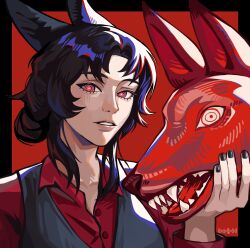 1girl absurdres animal_ears bell_(crrn) black_hair dohii_png formal_clothes hair_bun highres long_hair looking_at_viewer monster open_mouth original rabbit_ears red_eyes red_hair sharp_teeth solo teeth yellow_eyes