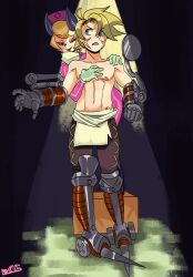 Rule 34 | 1girl, 1guy, absurdres, blonde hair, cyborg, dark background, freckled, gloves, hat, highres, horns, imminent handjob, latex, latex gloves, leduc (skullgirls), nrhp183, nurse, nurse cap, patty (skullgirls), skullgirls, tagme