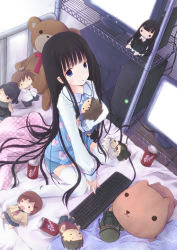 1girl black_hair blue_eyes can dr_pepper drink_can feet female_focus fujishima_narumi hair_spread_out kami-sama_no_memo-chou long_hair no_shoes nora-toro pajamas shinozaki_ayaka shionji_yuuko shorts soda_can solo stuffed_animal stuffed_toy teddy_bear thighhighs very_long_hair white_thighhighs