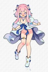 1girl blue_ribbon blush convenient_censoring dress flying_sweatdrops full_body highres long_sidelocks looking_at_viewer mwm5 navel no_panties open_mouth orvelle_(world_flipper) pink_hair reflective_floor ribbon sidelocks solo star-shaped_pupils star_(symbol) symbol-shaped_pupils white_dress world_flipper