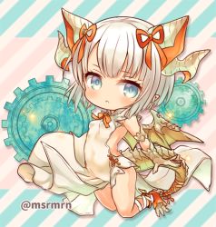 Rule 34 | 1girl, bad id, bad pixiv id, blonde hair, blue eyes, chibi, claws, dragon girl, dragon wings, dress, female focus, gears, hair ribbon, horns, meopun (meopen429), myr (p&amp;d), pointy ears, puzzle &amp; dragons, ribbon, short hair, solo, wings