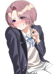 1girl absurdres arimura_mao asymmetrical_bangs bent_v black_jacket blush commentary_request gakuen_idolmaster grin hatsuboshi_gakuen_school_uniform highres idolmaster jacket looking_at_viewer nose_blush pants pink_hair purple_eyes school_uniform short_hair simple_background sitting smile solo sweatdrop sweater_vest toshima_(toshima325) v white_background white_pants