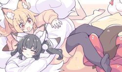 2girls :3 =_= animal_ear_fluff animal_ear_hood animal_ears bare_legs bird black_hair black_pantyhose blonde_hair chicken fake_animal_ears fox_ears fox_girl fox_tail hair_between_eyes hood hoodie lying lying_on_person multiple_girls on_back on_stomach open_mouth original pantyhose pillow ponytail red_eyes short_eyebrows suzuno_(suzuno3110) sweat tail thick_eyebrows twintails v-shaped_eyebrows white_hoodie yellow_hoodie