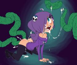 1girl blue_eyes boots cum female goth_fashion highres purple_hair roger_bacon tagme vaginal zone-tan