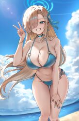 1girl absurdres alternate_costume asuna_(blue_archive) bad_id bad_twitter_id bare_shoulders beach bikini blonde_hair blue_archive blue_bikini blue_eyes blue_halo blue_nails blue_sky blush breasts cleavage cloud collarbone commentary day earrings fingernails grin hair_over_one_eye halo halterneck hand_on_own_leg highres jewelry large_breasts leaning_forward lnji_(rnlwls34) long_hair looking_at_viewer mole mole_on_breast nail_polish navel o-ring o-ring_top outdoors revision side-tie_bikini_bottom sky smile solo stomach string_bikini sunlight swimsuit very_long_hair water