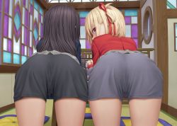 2girls aki99 all_fours architecture ass ass_focus black_hair black_panties blonde_hair blue_dress bob_cut boyshort_panties clothes_lift commentary_request cushion dress east_asian_architecture facing_away from_behind grey_skirt hair_ribbon highres indoors inoue_takina large_variant_set long_hair looking_at_viewer looking_back lycoris_recoil lycoris_uniform multiple_girls nishikigi_chisato paid_reward_available panties pleated_skirt recursion red_dress red_eyes red_ribbon red_shirt ribbon shirt short_hair skirt skirt_lift stained_glass table tatami thighs underwear variant_set window zabuton