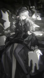 1girl absurdres animal_ears black_dress black_gloves black_hat black_pantyhose blunt_bangs dress drill_hair gloves hat highres horns long_hair looking_at_viewer original pantyhose sheep sheep_ears sheep_horns sidelocks single_horn single_leg_pantyhose sitting skirt_hold solo twin_drills white_hair zadun