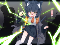 1girl animal_ear_fluff animal_ears black_hair black_skirt cat_ears cat_girl cat_tail coat commentary_request glasses grey_coat grey_shirt highres long_sleeves miniskirt necktie ogami_kazuki open_mouth original paid_reward_available pleated_skirt red_necktie shirt short_hair skirt solo tail teeth thighhighs translation_request variant_set white_thighhighs yellow_eyes