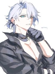 1boy antenna_hair black_choker black_gloves black_shirt blue_eyes choker collared_shirt earclip gloves grey_hair hand_up highres honkai:_star_rail honkai_(series) looking_at_viewer male_focus official_alternate_costume parted_bangs parted_lips pectoral_cleavage pectorals phainon_(fashion)_(honkai:_star_rail) phainon_(honkai:_star_rail) ponytail shirt short_hair simple_background solo teeth twitter_username upper_body white_background yellow_pupils yulm315001
