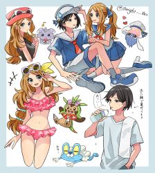Rule 34 | 1boy, 1girl, bikini, black hair, blonde hair, blue eyes, blue sailor collar, blue skirt, blush, bottle, breasts, calem (pokemon), chespin, espurr, eyewear on head, eyewear on headwear, food, frilled bikini, frills, froakie, gen 6 pokemon, grey eyes, hair ornament, hat, highres, holding, holding bottle, holding food, holding popsicle, inkay, long hair, navel, necktie, nintendo, open mouth, pants, pink bikini, pink hat, pleated skirt, pokemon, pokemon (creature), pokemon xy, popsicle, rain (tonight 862), sailor collar, sailor hat, sailor shirt, serena (pokemon), shirt, short hair, short sleeves, shorts, skirt, sleeveless, sleeveless shirt, smile, stomach, sun, sunglasses, swimsuit, towel, towel on one shoulder, water bottle, white-framed eyewear