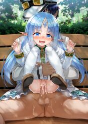 1boy 1girl absurdres bench blue_eyes blue_hair blush censored clothes_pull commentary_request commission dress el_mofus el_mofus_(black_hair_male) forehead_jewel goggles goggles_on_headwear hat heavy_breathing hetero highres kalar_(race) loli long_hair mosaic_censoring nature open_mouth outdoors pantyhose pantyhose_pull penis pointy_ears pussy rance_(series) rance_x reset_kalar reverse_upright_straddle sex sex_from_behind shirane_taito skeb_commission smile vaginal white_pantyhose