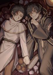 Rule 34 | 2boys, absurdres, apple, baguette, belt, black belt, black coat, black hair, black horns, blood, blood from forehead, blood on face, bread, brown pants, capelet, chinese commentary, chunaizhanshi23057, closed eyes, closed mouth, coat, commentary request, dual persona, flower, food, fruit, gold trim, grin, hair between eyes, highres, holding hands, horizontal pupils, horns, long sleeves, male focus, multiple boys, pants, rose, saibou shinkyoku, short hair, smile, stole, utsugi noriyuki, variant set, white capelet, white coat, white flower, white rose, wide sleeves, yellow eyes