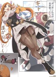 Rule 34 | 1girl, bleach, breasts, brown eyes, cosplay, covered erect nipples, crossover, highres, honkai: star rail, honkai (series), inoue orihime, japanese text, large breasts, long hair, maxi, open mouth, orange hair, pom-pom (honkai: star rail) (cosplay), source request, sushang (honkai: star rail) (cosplay), text focus, translation request