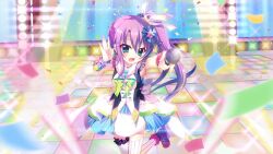 1girl armpits bead_necklace beads blue_eyes blue_skirt boots bow breasts brooch colored_lights confetti cross-laced_footwear dress fang floor_tiles frilled_wristband frills game_cg glint green_bow green_skirt hair_ornament hair_ribbon hair_scrunchie high_ponytail holding holding_microphone idol idol_clothes izumi_tsubasu jewelry layered_skirt leggings long_hair looking_at_viewer medium_breasts microphone multicolored_skirt necklace non-web_source official_art open_mouth polka_dot ponytail purple_boots purple_bow purple_hair re:stage! ribbon scrunchie short_dress skirt smile sparkle stage stage_lights standing standing_on_one_leg star_(symbol) star_brooch striped_clothes striped_thighhighs thighhighs tsukisaka_sayu vertical-striped_clothes vertical-striped_leggings vertical-striped_thighhighs very_long_hair white_leggings white_ribbon white_skirt wrist_cuffs zettai_ryouiki