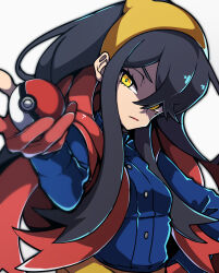 Rule 34 | 1girl, absurdres, black hair, blue jacket, carmine (pokemon), closed mouth, colored inner hair, crossed bangs, gloves, gokuu (acoloredpencil), hair between eyes, hairband, highres, holding, holding poke ball, jacket, long hair, long sleeves, looking at viewer, multicolored hair, nintendo, partially fingerless gloves, poke ball, poke ball (basic), pokemon, pokemon sv, red gloves, red hair, solo, two-tone hair, upper body, white background, yellow eyes, yellow hairband