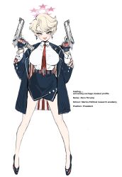 Rule 34 | 1girl, absurdres, american flag, american flag print, bare legs, blonde hair, blue archive, blue coat, blue shoes, blue skirt, breasts, coat, commentary, desert eagle, dishwasher1910, dual wielding, earrings, english commentary, english text, flag print, full body, gun, handgun, highres, holding, jewelry, large breasts, necktie, original, pentagon (shape), red necktie, shoes, simple background, skirt, solo, weapon