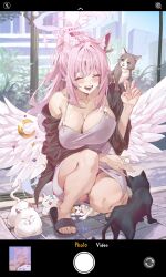 1girl alternate_costume angel_wings animal_ears blue_archive cat cat_ears feathered_wings gradient_halo halo highres low_wings mika_(blue_archive) multicolored_halo netural pink_halo solo white_wings wing_ornament wings