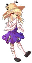 1girl alphes_(style) animal_print blonde_hair brown_hat brown_shoes closed_mouth commentary_request dairi defeat frog_hat frog_print full_body hair_ribbon hat large_variant_set loafers long_hair long_sleeves looking_at_viewer moriya_suwako parody purple_skirt purple_vest red_ribbon ribbon shoes skirt skirt_set socks solo style_parody sweatdrop tachi-e torn_clothes touhou transparent_background tress_ribbon variant_set vest white_socks wide_sleeves yellow_eyes