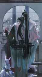 2boys absurdres animal back black_hair black_hanfu branch cape chair chinese_clothes didbub1 facing_away flower from_behind full_body fur-trimmed_cape fur_trim hair_ribbon hand_up hanfu headband high_ponytail highres holding holding_animal indoors korean_commentary lan_wangji lattice leaning_on_person long_hair long_sleeves male_focus modao_zushi multiple_boys on_chair ponytail rabbit red_ribbon ribbon robe sitting snow snowing table topknot very_long_hair wei_wuxian white_hanfu white_headband wide_sleeves window winter_clothes xiao_guan_(headdress) yaoi