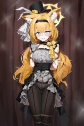 1girl a_tea absurdres animal_ear_fluff animal_ears bare_arms black_choker black_dress black_hairband black_hat black_pantyhose blue_archive blue_eyes blush bound bound_arms bound_knees cat_ears cat_girl choker clothes_lift crying crying_with_eyes_open dress flower hair_between_eyes hair_flower hair_ornament hairband hat hat_feather highres long_hair looking_at_viewer low_twintails mari_(blue_archive) mari_(idol)_(blue_archive) official_alternate_costume official_alternate_hairstyle open_mouth orange_hair panties panties_under_pantyhose pantyhose ribbon sidelocks skirt skirt_lift sleeveless sleeveless_dress solo striped_clothes striped_pantyhose tears teeth twintails underwear upper_teeth_only vertical-striped_clothes vertical-striped_pantyhose white_panties yellow_flower yellow_ribbon