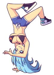 +_+ 1girl balancing bikini black_bikini blue_eyes blue_hair blue_shorts borrowed_character breasts cleavage commentary commission daigada english_commentary exercising grin handstand heart highres kori_(gordon_hado) large_breasts looking_at_viewer navel original shoes short_shorts shorts smile sneakers swimsuit underboob upside-down