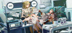 Rule 34 | :d, :o, absurdres, bare legs, blonde hair, blue hair, coat, couch, device, dress, feet out of frame, green eyes, grey coat, grey dress, grey pants, highres, hissabeth, holding, holding paper, indoors, jacket, legs on another&#039;s lap, looking at another, lying, on couch, open mouth, pants, paper, plant, pointer (reverse:1999), potted plant, reverse:1999, robot ears, short dress, short hair, sitting, smile, snake, snake on head, too many papers, watermark, weibo watermark, white jacket, yellow eyes, ying (suetmo)